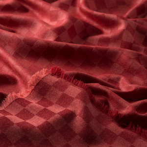 Burgundy Checkered Wool Silk Scarf - Thumbnail