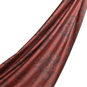 Burgundy Cross Stich Floral Cotton Silk Scarf - Thumbnail