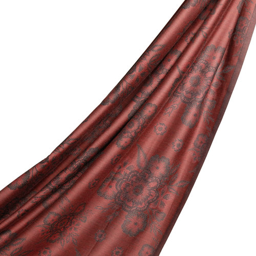 Burgundy Cross Stich Floral Cotton Silk Scarf