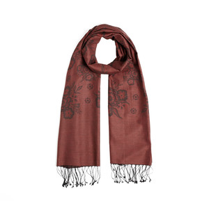 Burgundy Cross Stich Floral Cotton Silk Scarf - Thumbnail