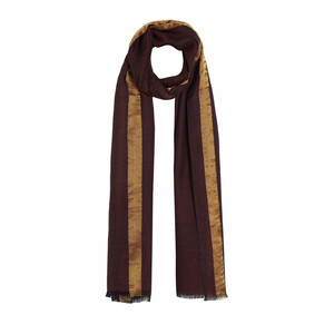 Burgundy Gold Striped Wool Silk Scarf - Thumbnail