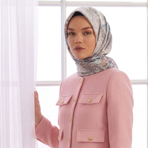 Buz Beyazı Bohem Kırkyama Tivil İpek Eşarp