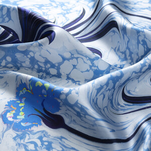 Buz Mavisi Karanfil Ebru Saten İpek Mendil - Thumbnail