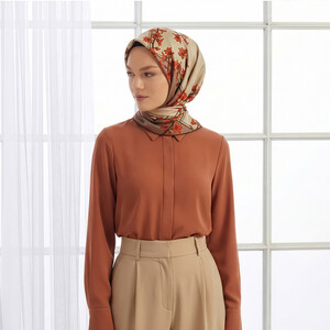 Camel Floş Ağacı Desenli Tivil İpek Eşarp - Thumbnail