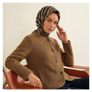 Camel Macro Zebra Print Silk Twill Scarf - Thumbnail