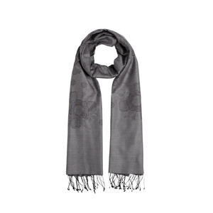 Charcoal Cross Stich Floral Cotton Silk Scarf - Thumbnail