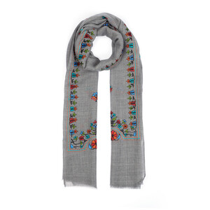 Charcoal Floral Woven Wool Silk Scarf - Thumbnail