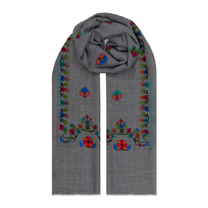 Charcoal Floral Woven Wool Silk Scarf - Thumbnail