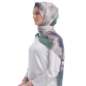 Charcoal Lilium Print Satin Silk Scarf - Thumbnail