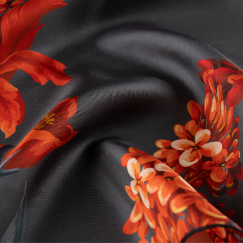 Charcoal Night Blossom Twill Silk Scarf