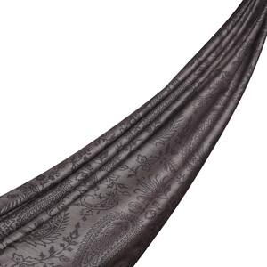 Charcoal Paisley Leaf Patterned Wool Silk Scarf - Thumbnail