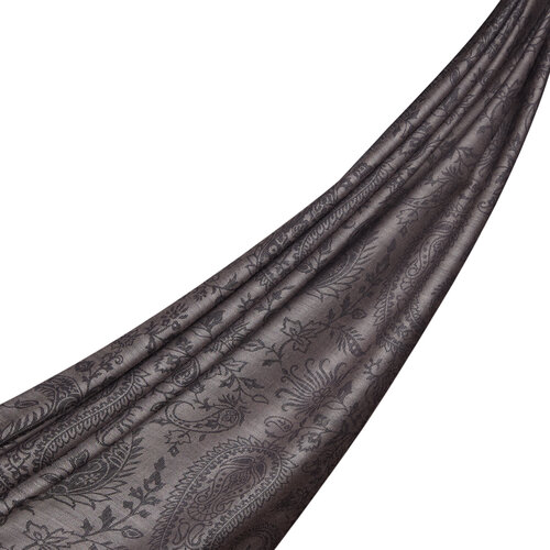 Charcoal Paisley Leaf Patterned Wool Silk Scarf