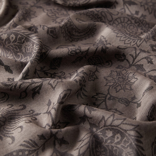 Charcoal Paisley Leaf Patterned Wool Silk Scarf