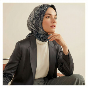 Charcoal Patchwork Patterned Twill Silk Scarf - Thumbnail