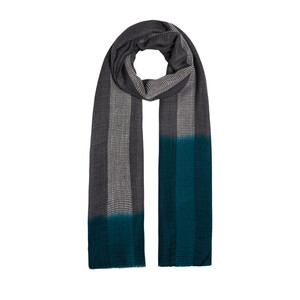 Charcoal Petrol Gradient Block Cord Wool Silk Scarf - Thumbnail