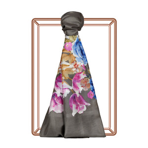 Charcoal Rose Basket Print Satin Silk Scarf - Thumbnail