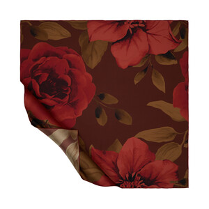 Coffee Burgundy Ivy Rose Patterned Twill Silk Scarf - Thumbnail