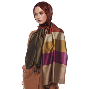 Copper Red Kushak Striped Silk Scarf - Thumbnail