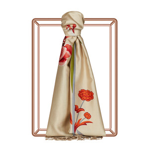 Cream Amaryllis Print Silk Shawl - Thumbnail