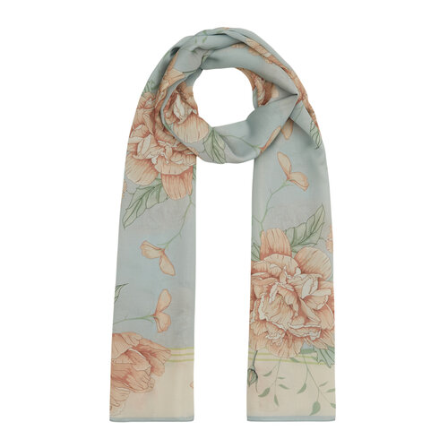 Cream Baby Blue Peony Cotton Rayon Scarf