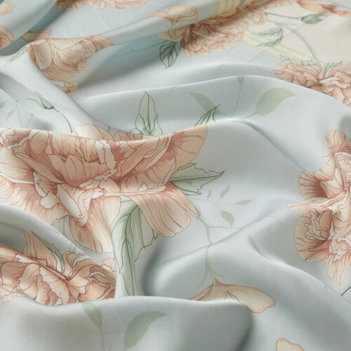 Cream Baby Blue Peony Cotton Rayon Scarf