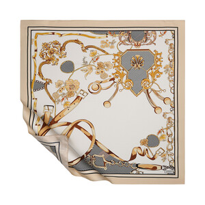 Cream Beige Baroque Chain Twill Silk Scarf - Thumbnail