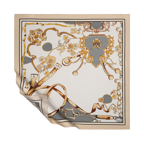 Cream Beige Baroque Chain Twill Silk Scarf