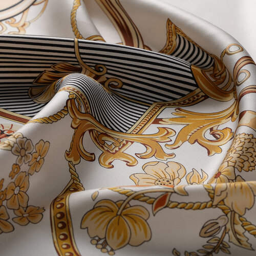 Cream Beige Baroque Chain Twill Silk Scarf