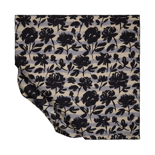 Cream Black Begonia Patterned Twill Silk Scarf