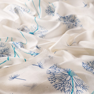 Cream Blue Chicory Print Satin Silk Scarf - Thumbnail