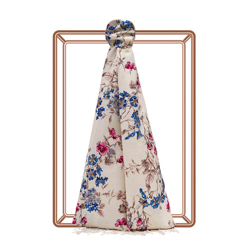 Cream Blue Flower Crown Print Silk Scarf