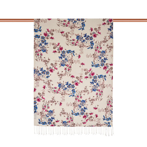Cream Blue Flower Crown Print Silk Scarf