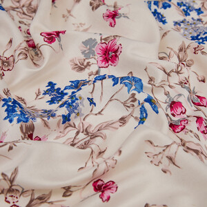 Cream Blue Flower Crown Print Silk Scarf - Thumbnail