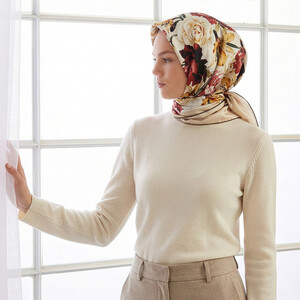 Cream Bouguet Twill Silk Scarf - Thumbnail