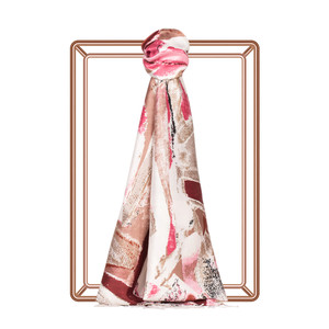 Cream Brown Abstract Print Silk Scarf - Thumbnail