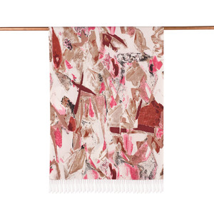 Cream Brown Abstract Print Silk Scarf - Thumbnail