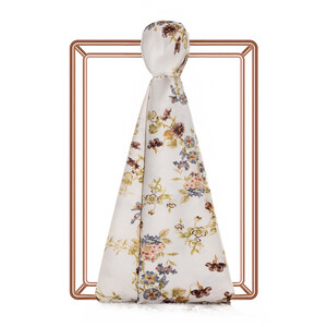 Cream Brown Flower Crown Print Silk Scarf - Thumbnail