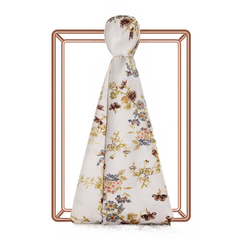 Cream Brown Flower Crown Print Silk Scarf