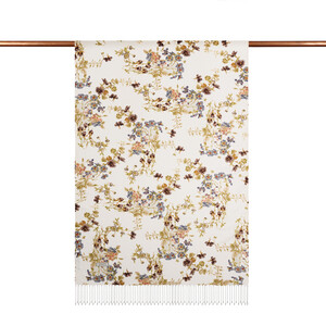 Cream Brown Flower Crown Print Silk Scarf - Thumbnail