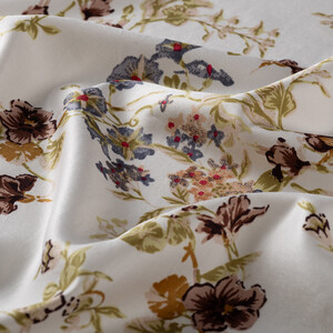 Cream Brown Flower Crown Print Silk Scarf - Thumbnail