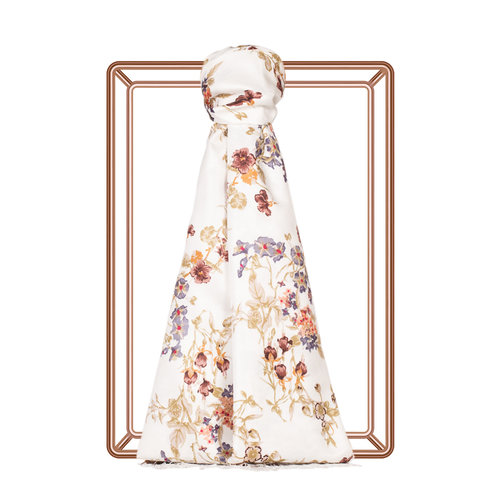 Cream Brown Flower Crown Print Silk Scarf