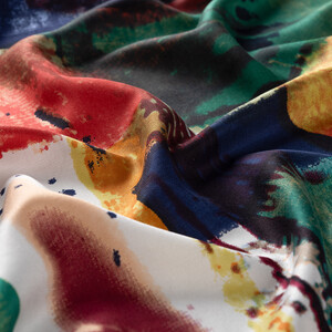 Cream Brush Stroke Print Silk Scarf - Thumbnail