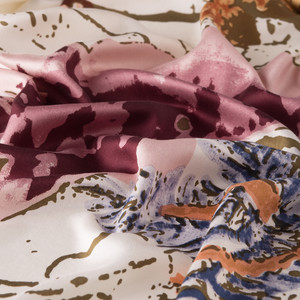 Cream Cherry Wild Rose Print Silk Scarf - Thumbnail