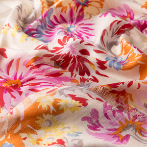 Cream Chrysanthemum Print Satin Silk Scarf - Thumbnail