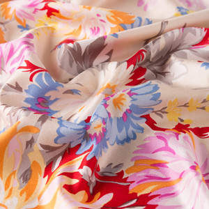 Cream Chrysanthemum Print Silk Scarf - Thumbnail