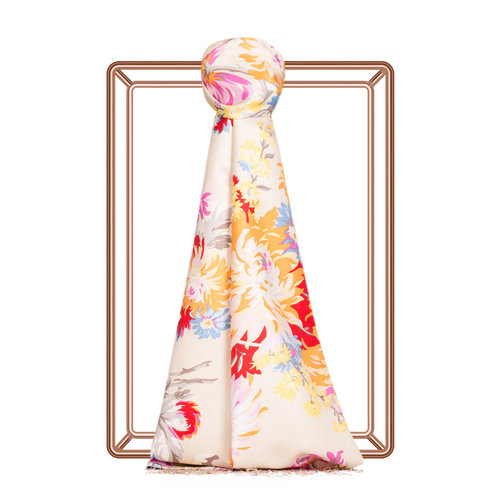 Cream Chrysanthemum Print Silk Scarf