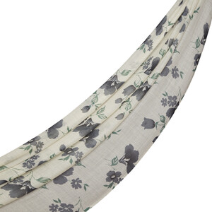 Cream Clematis Print Wool Silk Scarf - Thumbnail