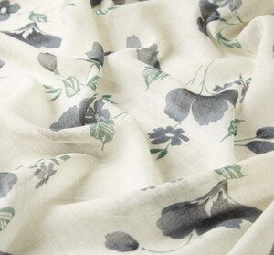 Cream Clematis Print Wool Silk Scarf - Thumbnail