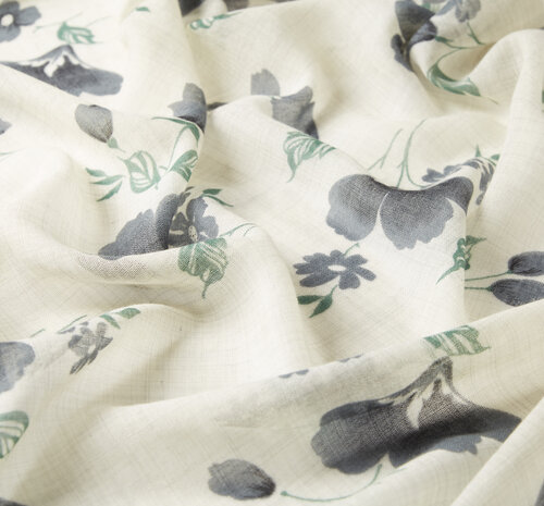 Cream Clematis Print Wool Silk Scarf