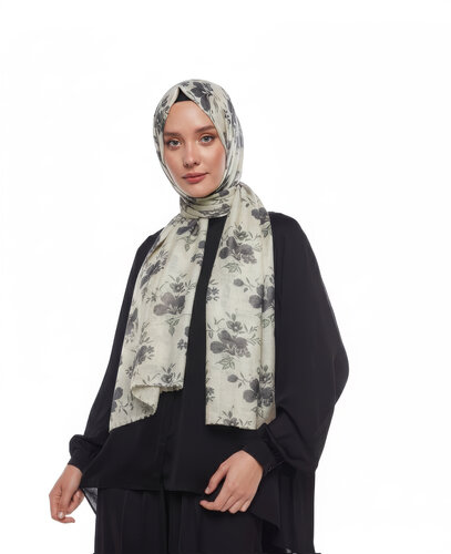 Cream Clematis Print Wool Silk Scarf